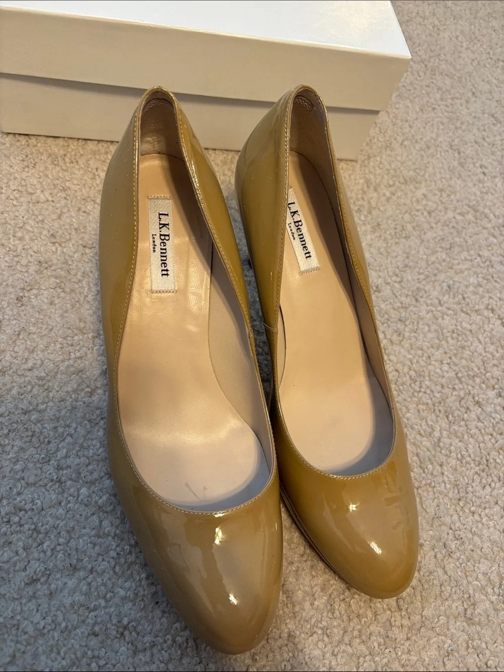 LK Bennett Glossy Patent Leather Pumps in Mustard Brown